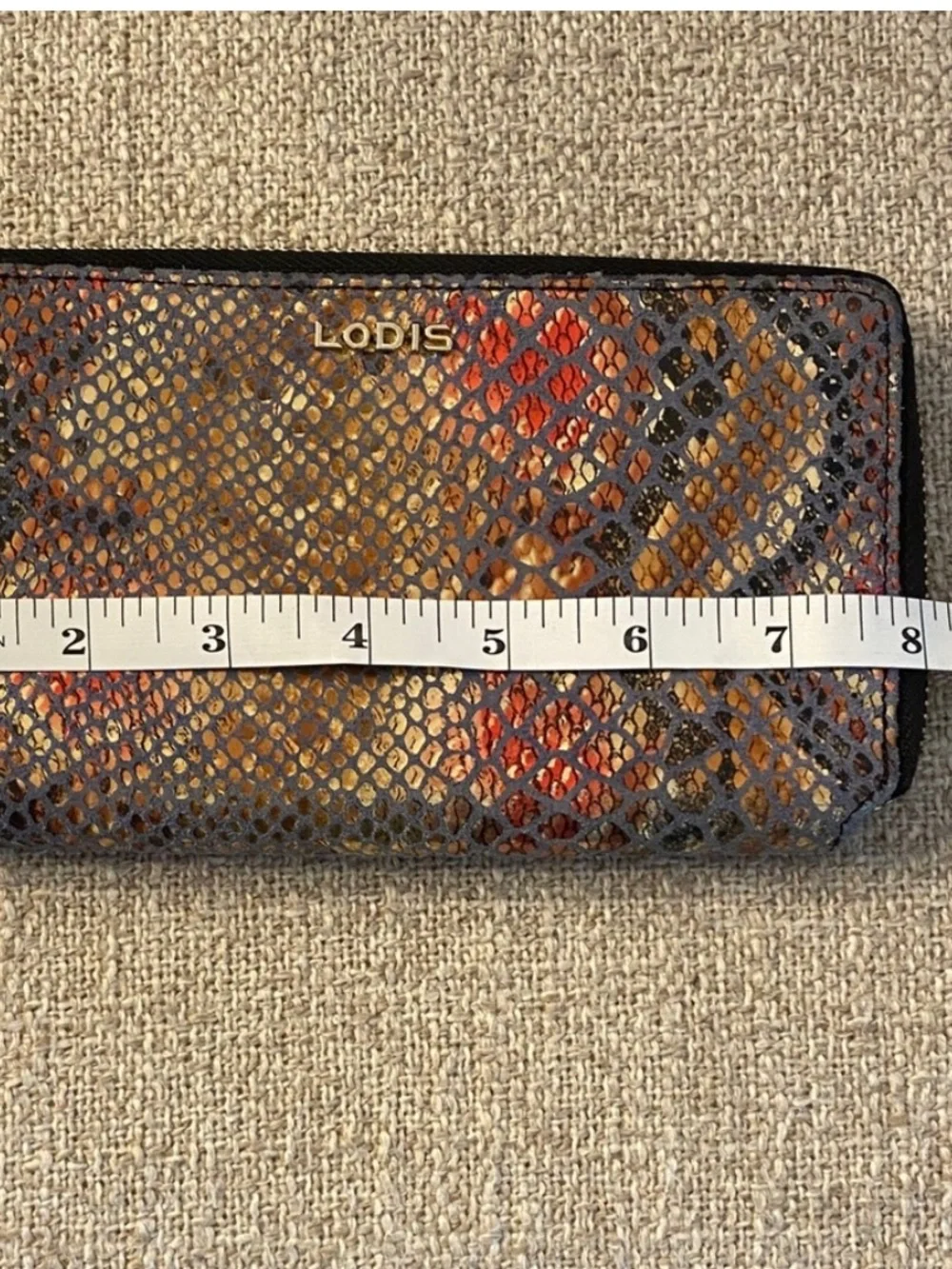 Lodis Embossed Snake Print Zip Around Wallet Brown Rust